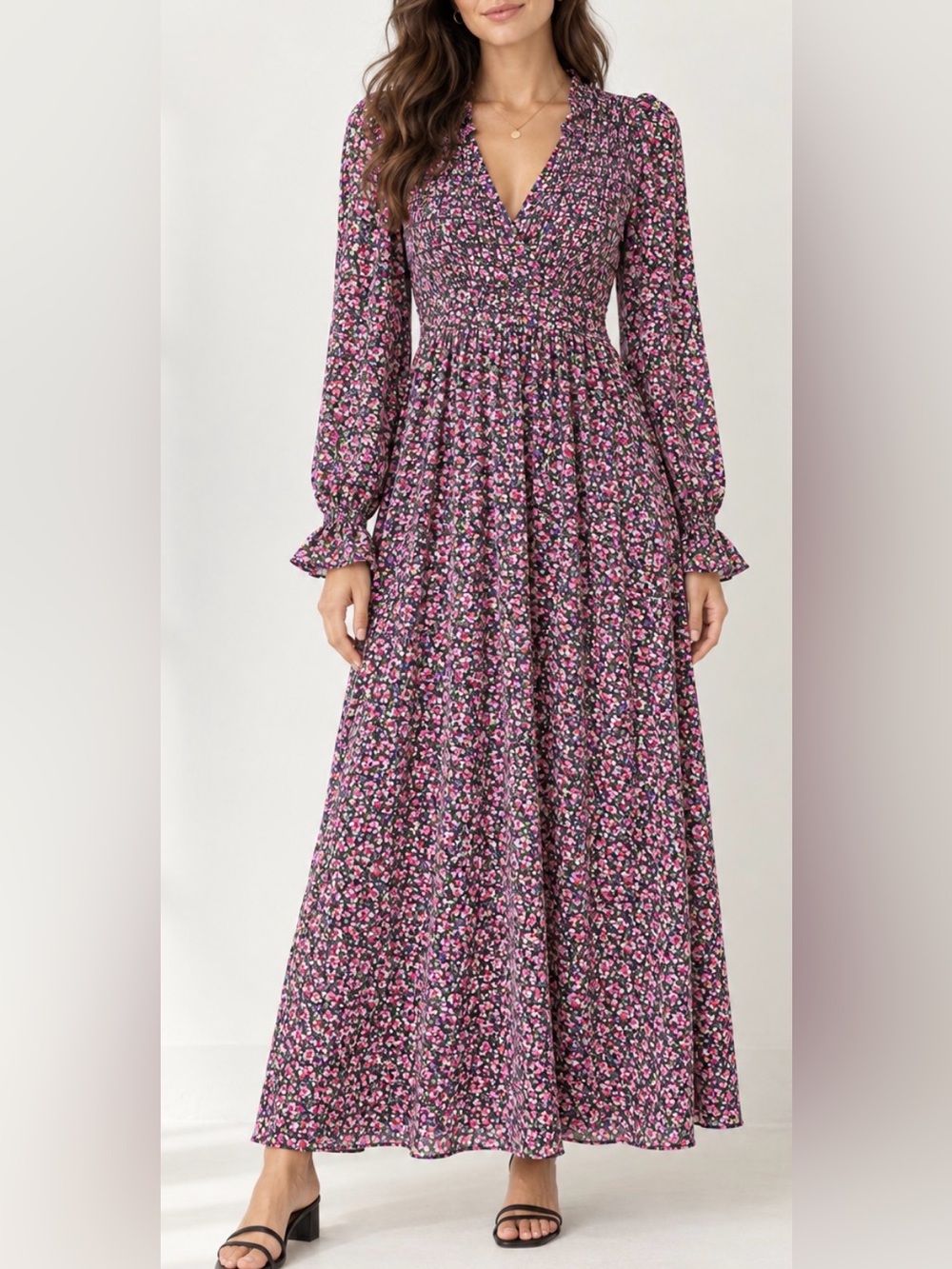 Women's Pink Floral V-Neck Long Sleeve Maxi Dress